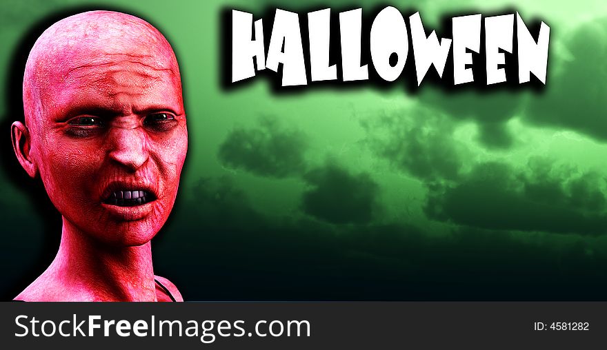 An image of a angry bald zombie women against a green gloomy sky. A good concept image for Halloween concepts. An image of a angry bald zombie women against a green gloomy sky. A good concept image for Halloween concepts.