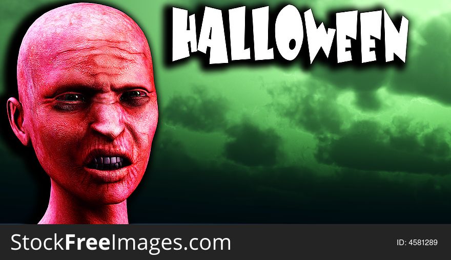 An image of a angry bald zombie women against a green gloomy sky. A good concept image for Halloween concepts. An image of a angry bald zombie women against a green gloomy sky. A good concept image for Halloween concepts.