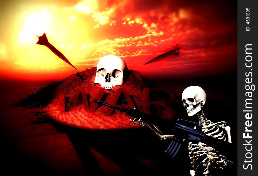 An conceptual image of a skeleton with a gun, it would be good to represent concepts of war. An conceptual image of a skeleton with a gun, it would be good to represent concepts of war.