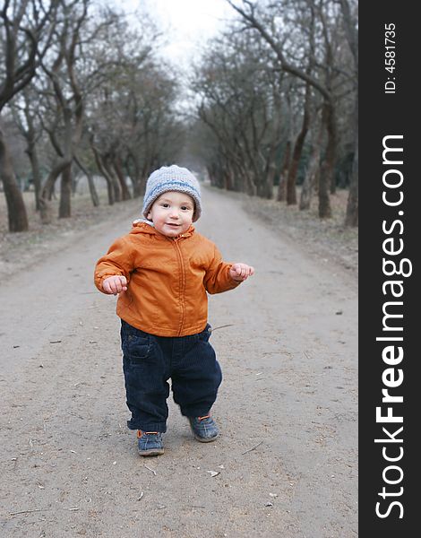 Baby boy making his first steps in park. Baby boy making his first steps in park