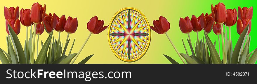 This banner has a background in yellow and green. On the left and on the right  are tulips in beautiful colors: red and a bit yellow. In the middle is a beautiful and unique decorated egg. This banner has a background in yellow and green. On the left and on the right  are tulips in beautiful colors: red and a bit yellow. In the middle is a beautiful and unique decorated egg.