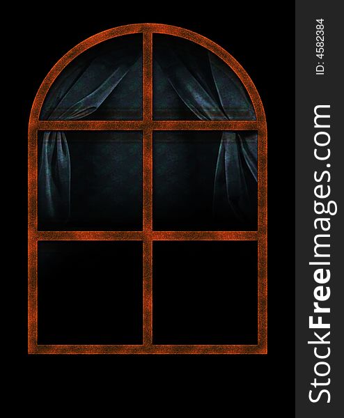 Illustrated ancient rusty window in black background, night view. Illustrated ancient rusty window in black background, night view