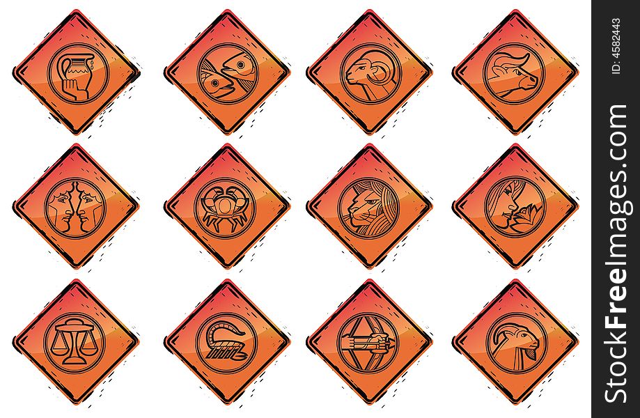 Grungy and web2 styled zodiac icons illustration, . Grungy and web2 styled zodiac icons illustration,