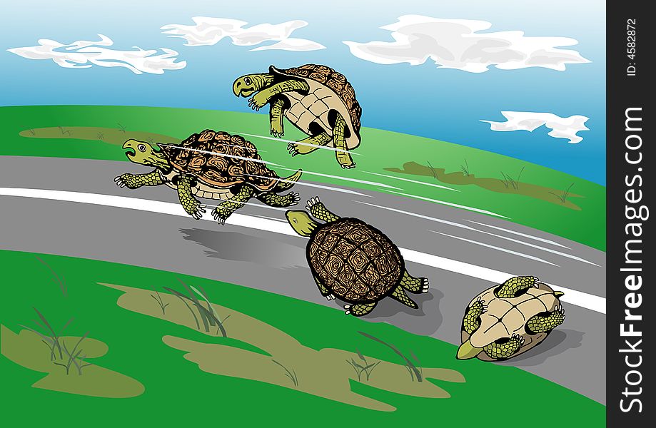 Here's depicted a race in a grotesque form among tortoises. Here's depicted a race in a grotesque form among tortoises.