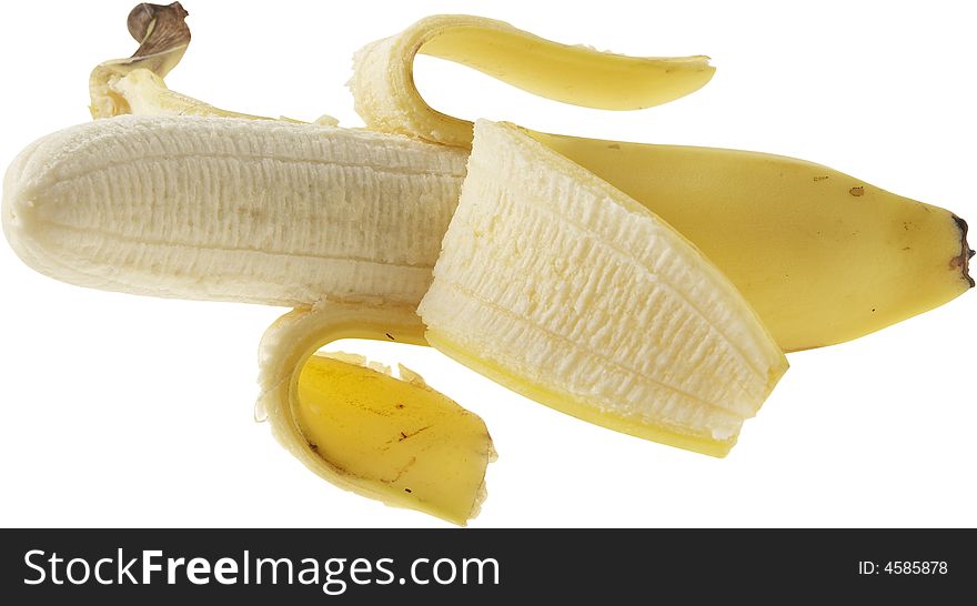 Peeled organic banana isolated on white