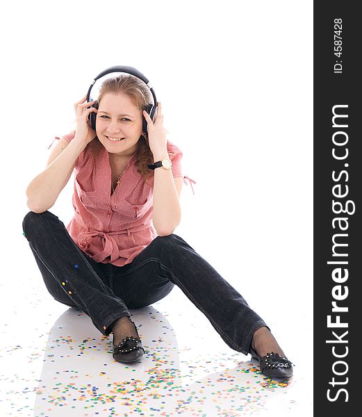 The Young Girl With A Headphones Isolated