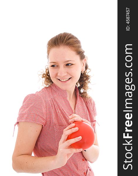 The young girl with the balloon isolated on the white background