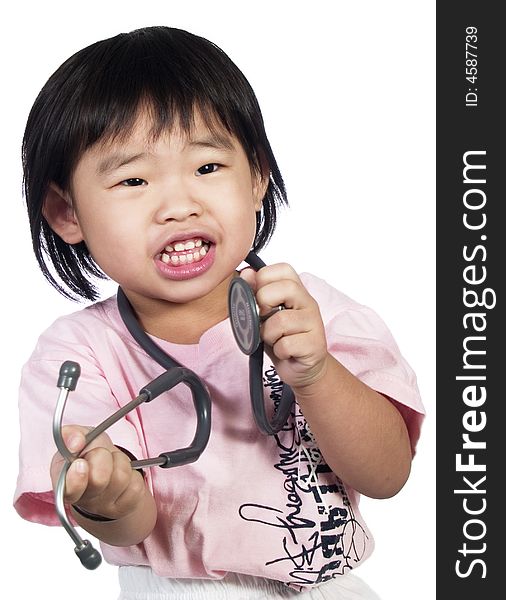 Asian kid with stethoscope on with white background. Asian kid with stethoscope on with white background