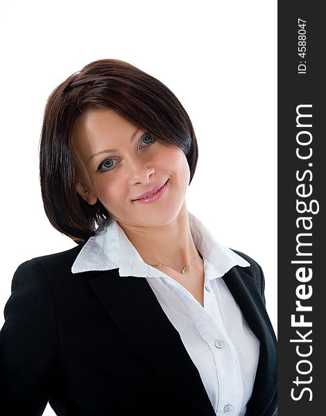 Portrait of the brunette with blue eye on  white background