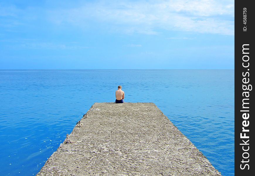 Pier man  sea water beach sky blue. Pier man  sea water beach sky blue