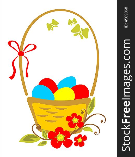 Ornate basket with easter eggs and red flowers on a white background. Ornate basket with easter eggs and red flowers on a white background.