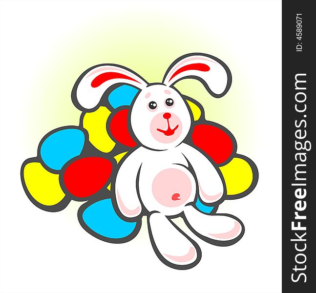 Cheerful  bunny and easter eggs  on a white background. Easter illustration.