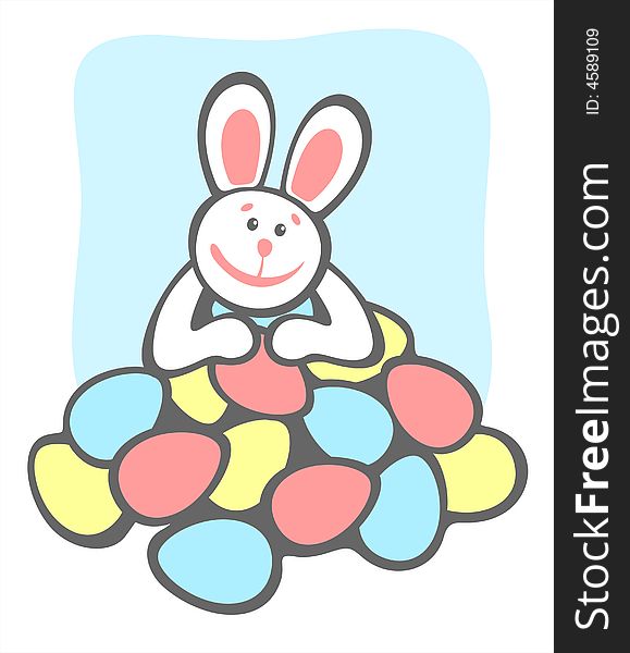 Cheerful  rabbit and easter eggs  on a blue background. Easter illustration. Cheerful  rabbit and easter eggs  on a blue background. Easter illustration.