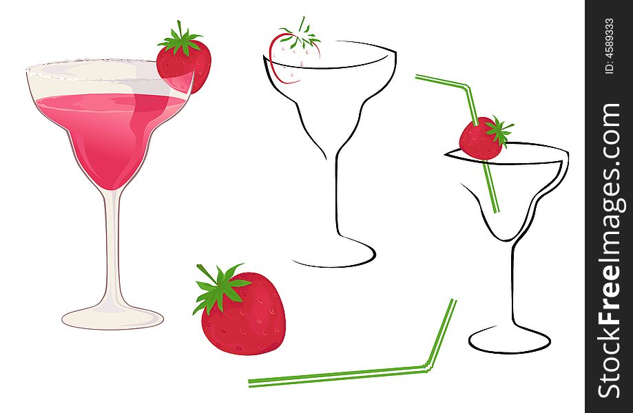 Drink glasses with strawberry and straw. Drink glasses with strawberry and straw.