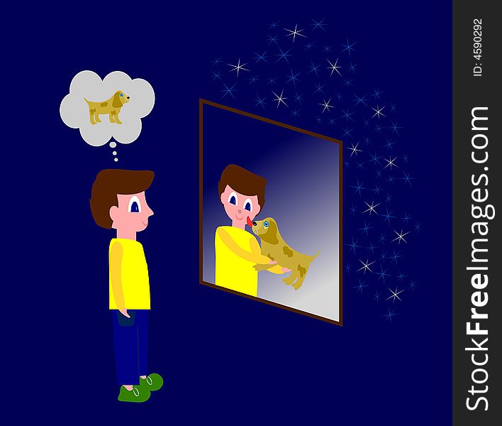 A kid is passionately wishing a puppy, he looks himself at the mirror and imaginations becomes reality.It happens a weird thing: the reflection of himself is different. A kid is passionately wishing a puppy, he looks himself at the mirror and imaginations becomes reality.It happens a weird thing: the reflection of himself is different.