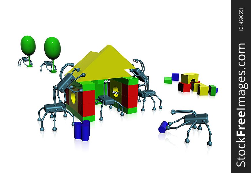 The robots build up the house. The robots build up the house