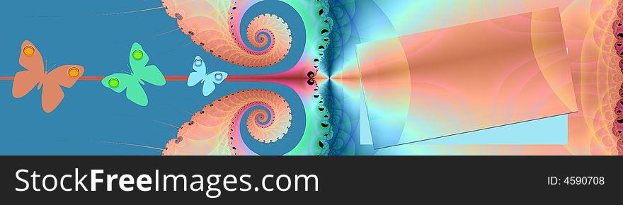 This header / banner has a beautiful spiral design in summer colors. On the left side are butterflies. On the right side is an artistic frame with room for text or information. This header / banner has a beautiful spiral design in summer colors. On the left side are butterflies. On the right side is an artistic frame with room for text or information.