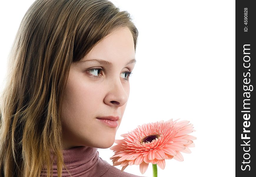 Girl with pink flower on white background. Girl with pink flower on white background