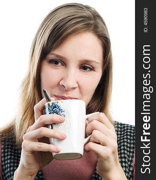 Girl with cup on white background