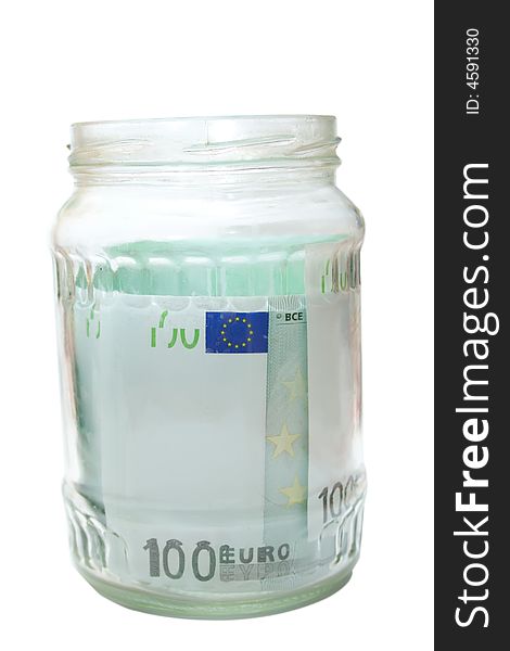 Some 100 euros banknotes in jar over white isolted background