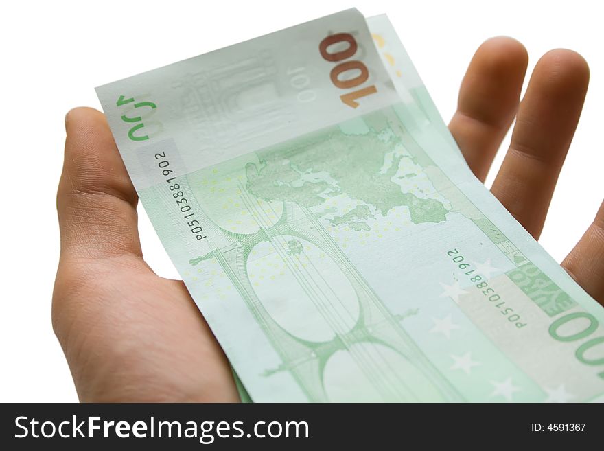 One 100 euro banknote on the hand