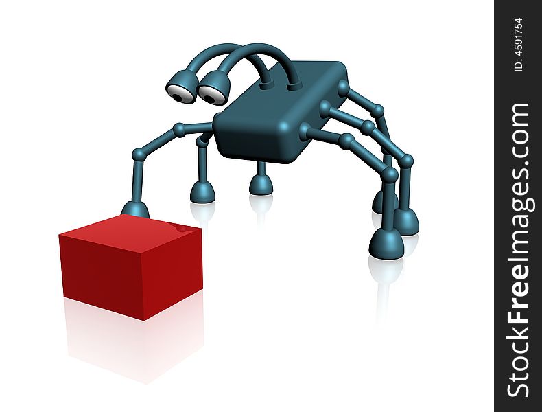 Illustration of isolated blue simple robot with red box. Illustration of isolated blue simple robot with red box