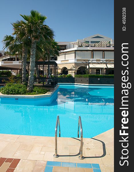 Palm tree near swimming pool in mediterranean resort