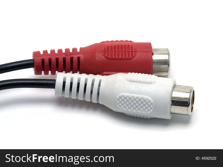 Closeup, isolated shot of an RCA audio cable against a white background.