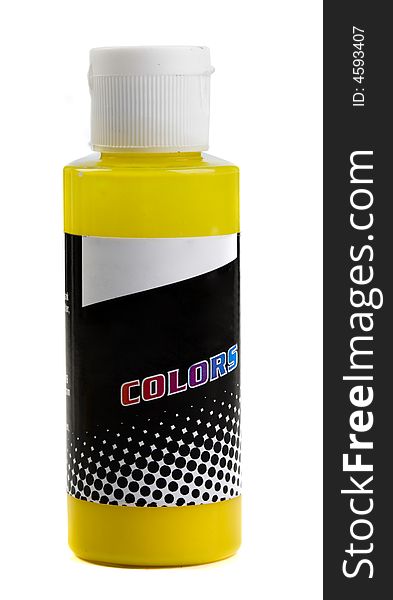 Bottle Of Coloured Paint Yellow On A White Backgro