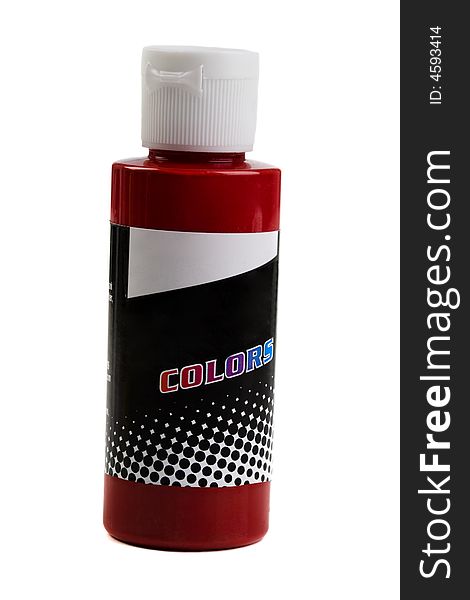 Bottle Of Coloured Paint Red On A White Backgroun