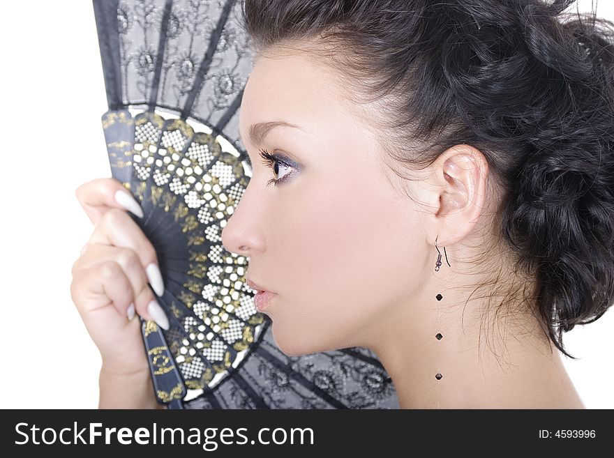 Lovely lady with fan on white background. Lovely lady with fan on white background