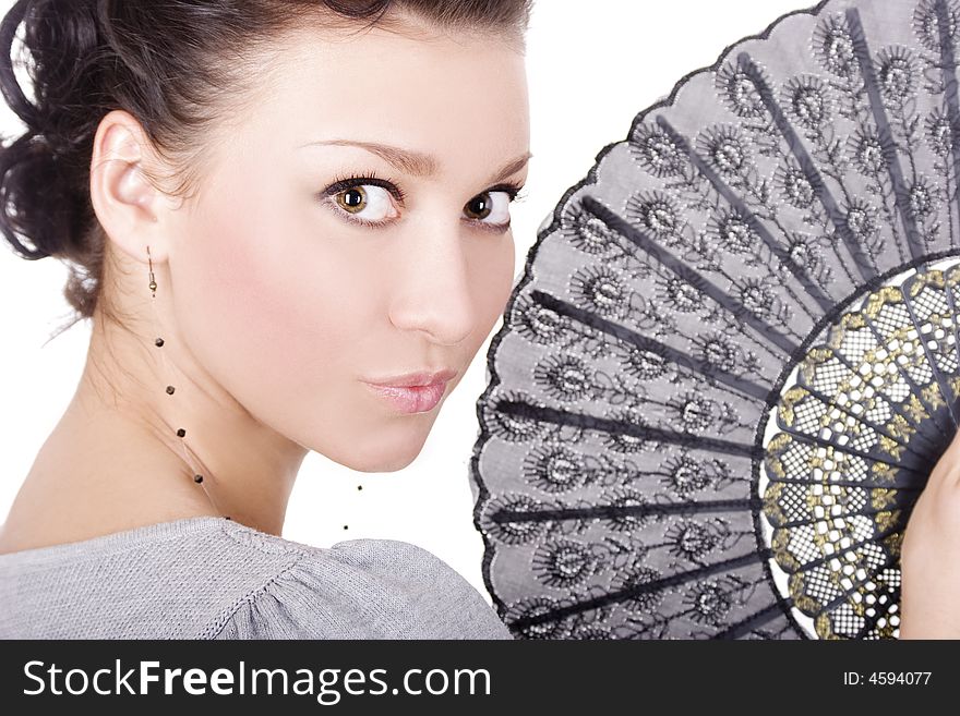Lovely lady with fan on white background. Lovely lady with fan on white background
