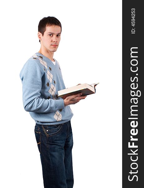Young man with book isolated on white