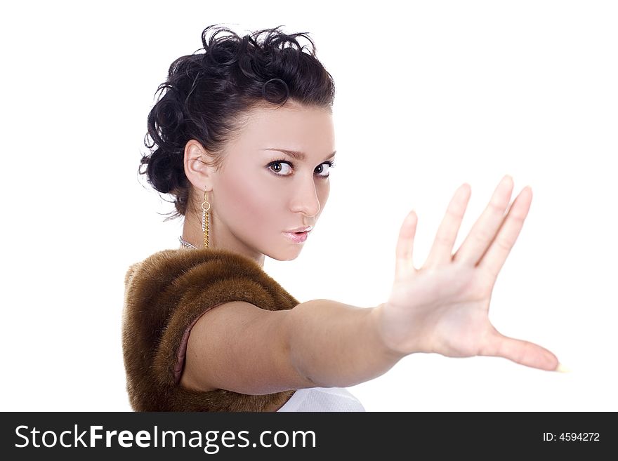 A portrait of cute brunette on white background. A portrait of cute brunette on white background