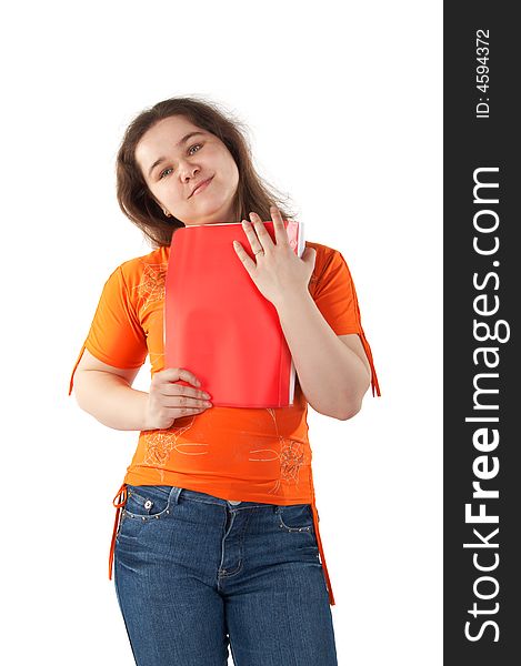 Girl with red folder smiling isolated on white