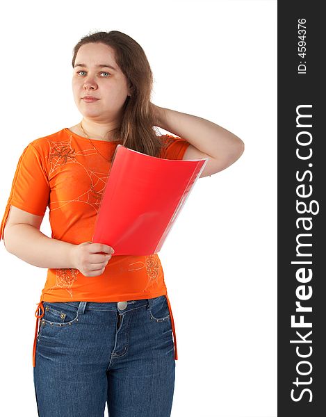 Girl with red folder touch hairs