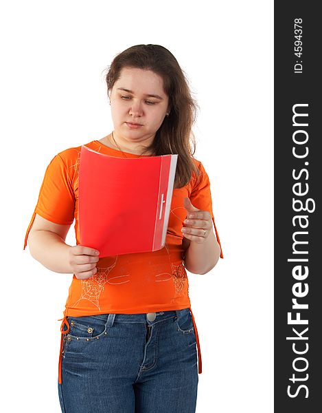 Girl look into red folder