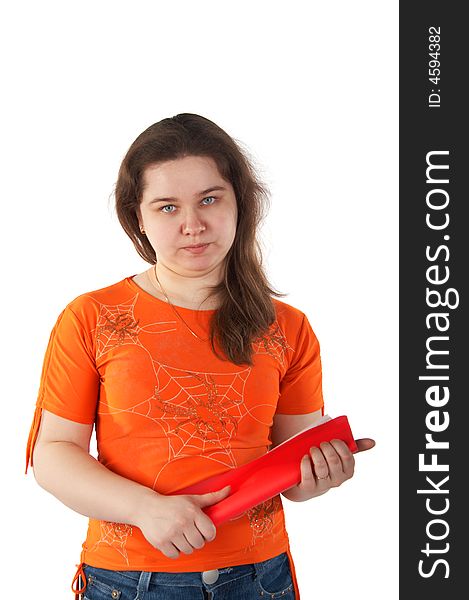 Girl with twisted red folder isolated on white