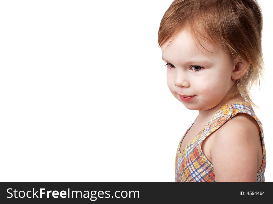 Portrait of beautiful happy little girl on white. Portrait of beautiful happy little girl on white