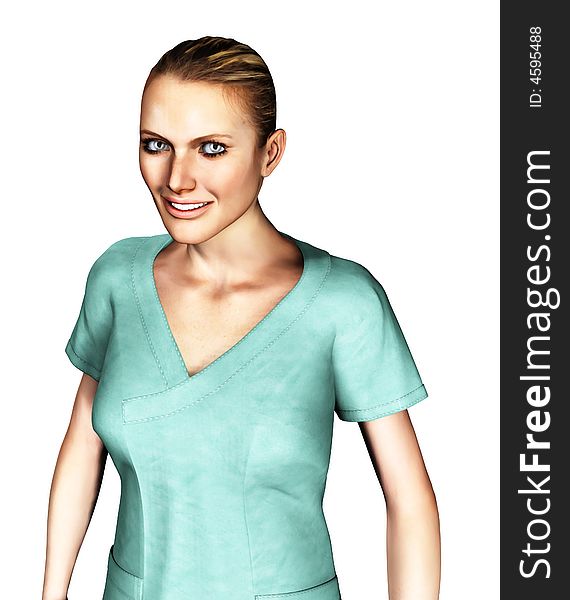 3D render of a female nurse in green scrubs smiling. 3D render of a female nurse in green scrubs smiling.