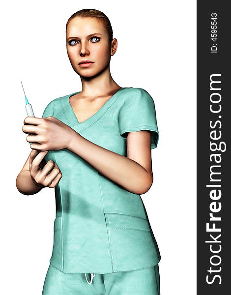 3D render of a female nurse in green scrubs with a syringe. 3D render of a female nurse in green scrubs with a syringe.