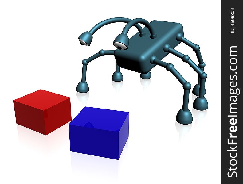 Illustration of isolated blue simple robot with two box. Illustration of isolated blue simple robot with two box