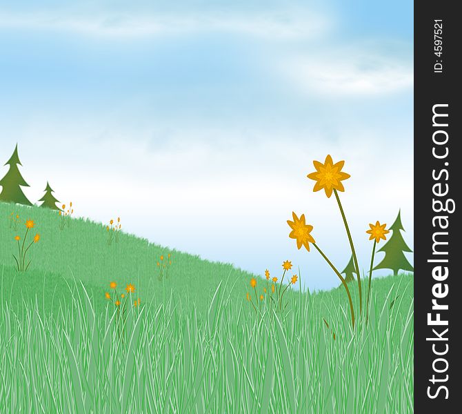 Grassy Meadow with spring daffodils illustration. Grassy Meadow with spring daffodils illustration