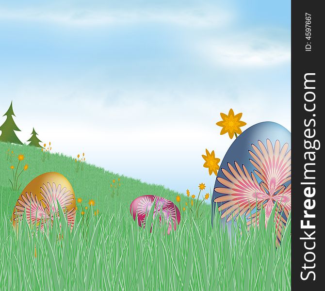 Grassy Meadow with spring daffodils and easter eggs illustration