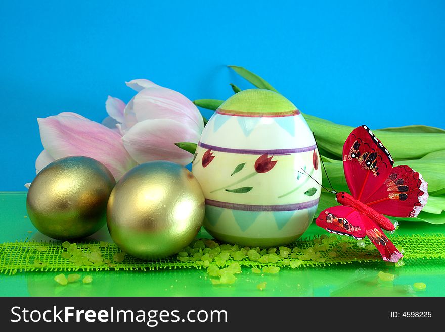 Colorful eggs, easter, red butterfly