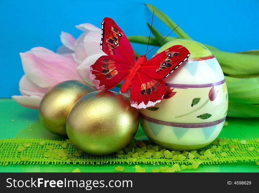 Colorful eggs, easter, red butterfly