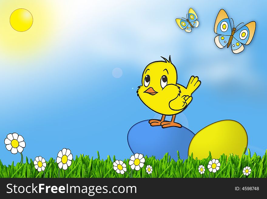 Easter holiday, eggs, �hicken, butterfly and blue sky