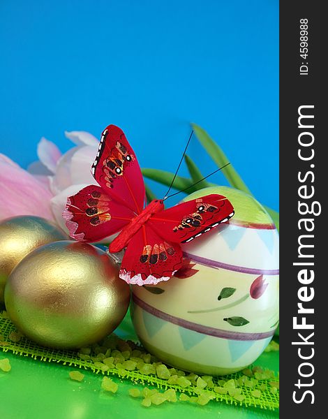 Colorful eggs, easter, red butterfly