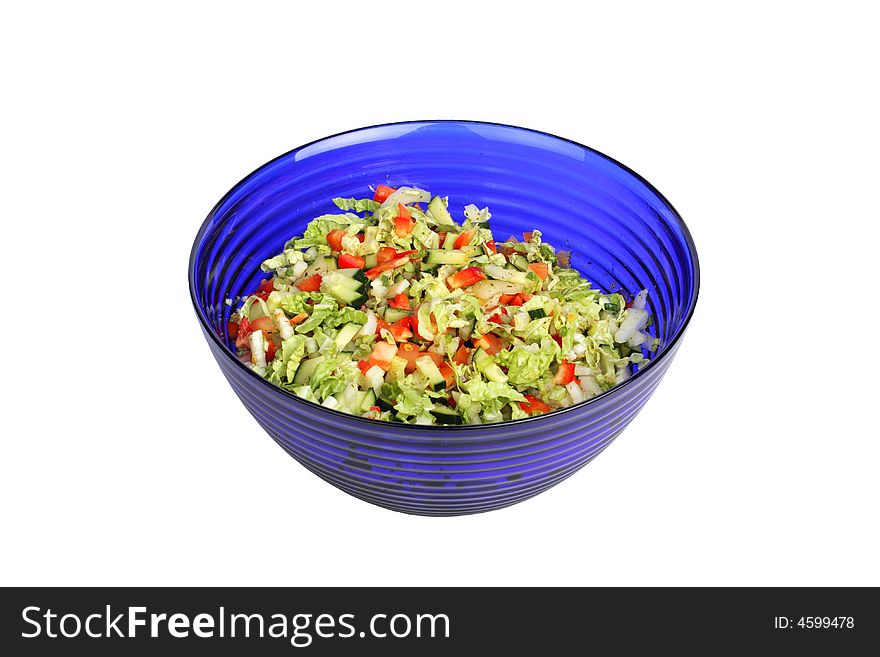 Vegetable Salad In Blue Salad Bowl On White