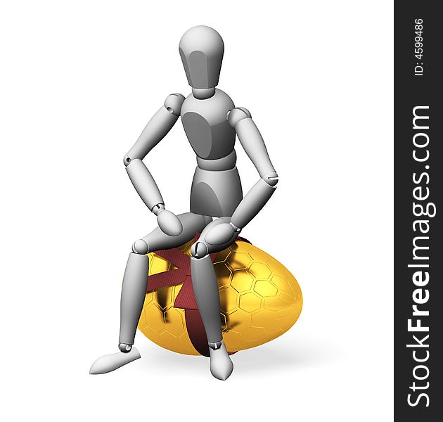 3D render of someone sitting on top of a golden Easter egg. 3D render of someone sitting on top of a golden Easter egg